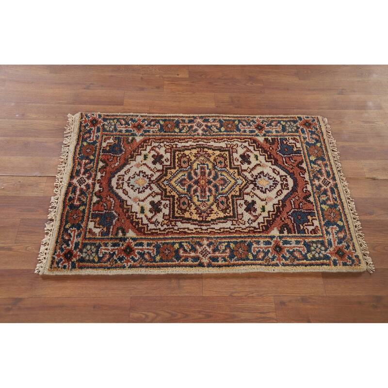 Heriz Serapi Indian Accent Rug Hand-Knotted Beige Wool Carpet - 2'0" x 3'0"