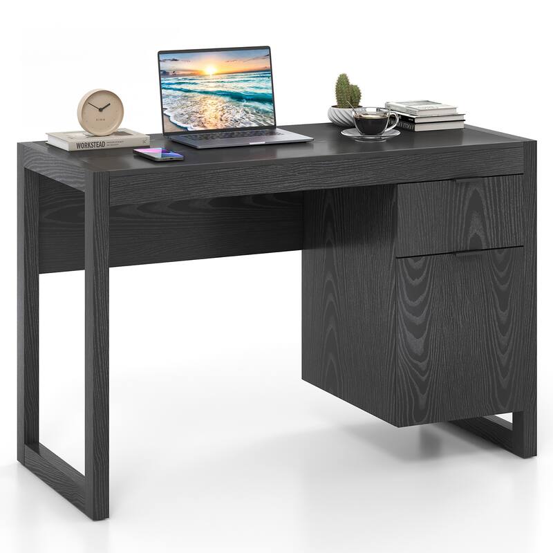 Gymax Computer Desk w/ Storage Cabinet Pull-out Drawer Stable Thick - Black