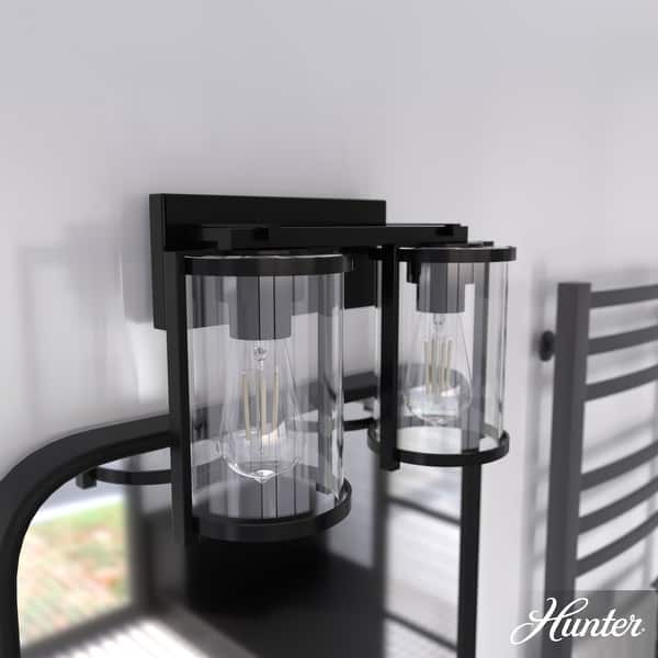 slide 2 of 10, Hunter Astwood Bathroom Vanity Light, Clear Cylinder Glass, Damp Rated, Caged - Contemporary, Transitional, Art-Deco 2-Light 15" - Matte Black