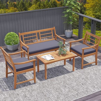 4 PCS Outdoor Furniture Set Wood Patio Loveseat Sofa Set W/Cushions