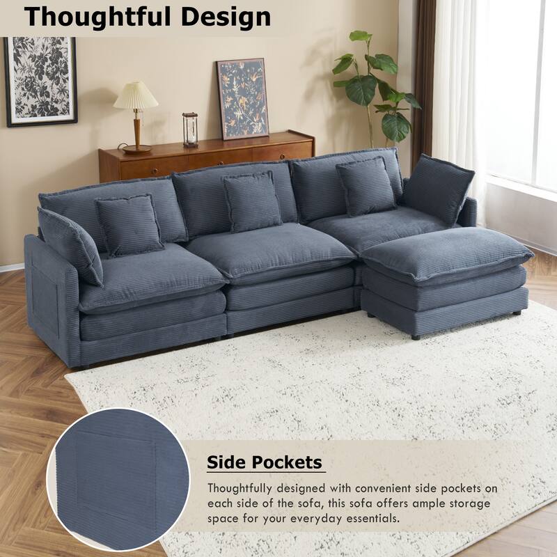 Roomfitters Spacious Modular Corduroy L-Shape Sectional Sofa with Side Storage Pockets for Living Room Convenience