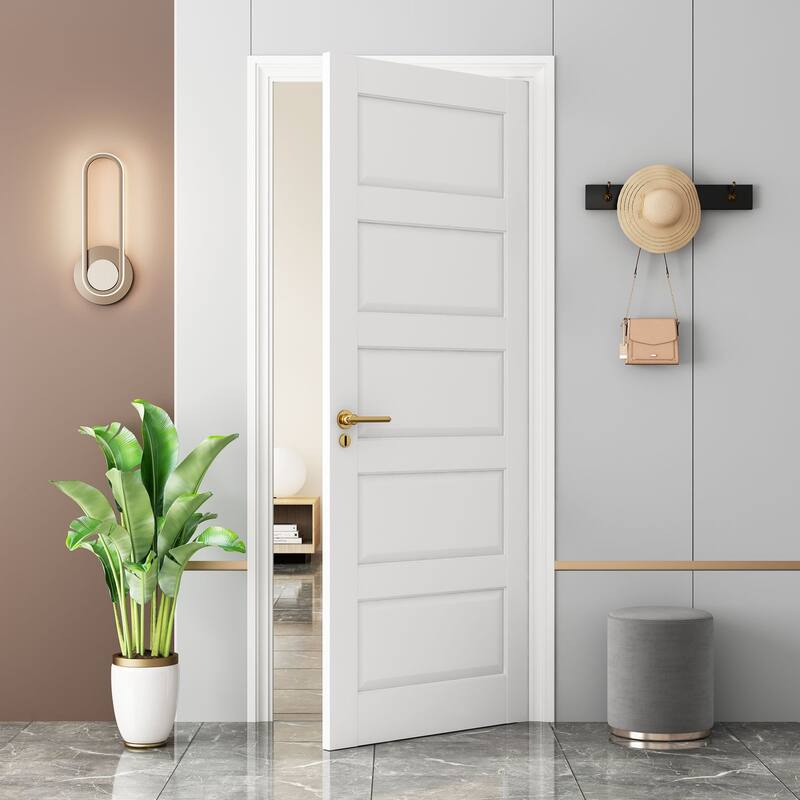 80"H 5 Paneled White Primed Solid Core Wood Pantry Interior Slab Shaker Door Standard Door