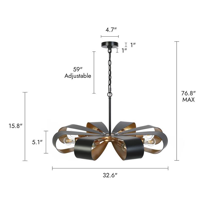 Modern Industrial 8-Light Chandelier Black Gold Floral Pendant Light for Living Room and Dining Room - 32.6 " × 15.8 "