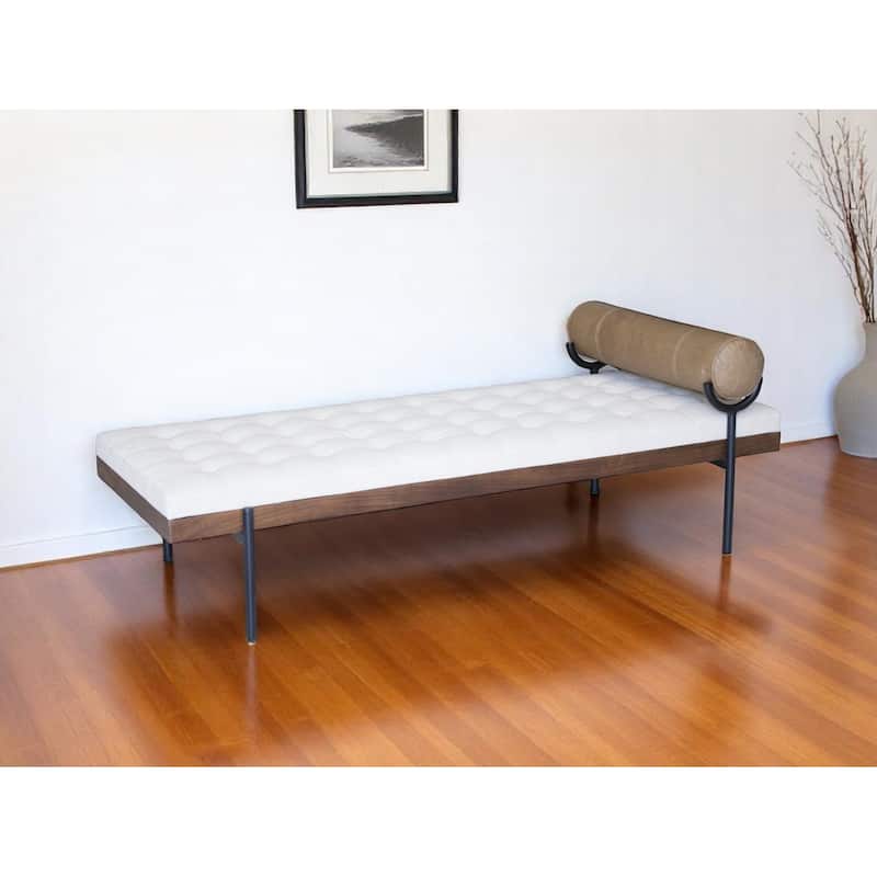 HomeRoots 72" Ivory Brown And Black Tufted Cotton Wood And Metal Cushioned Bench With Pillow - 72
