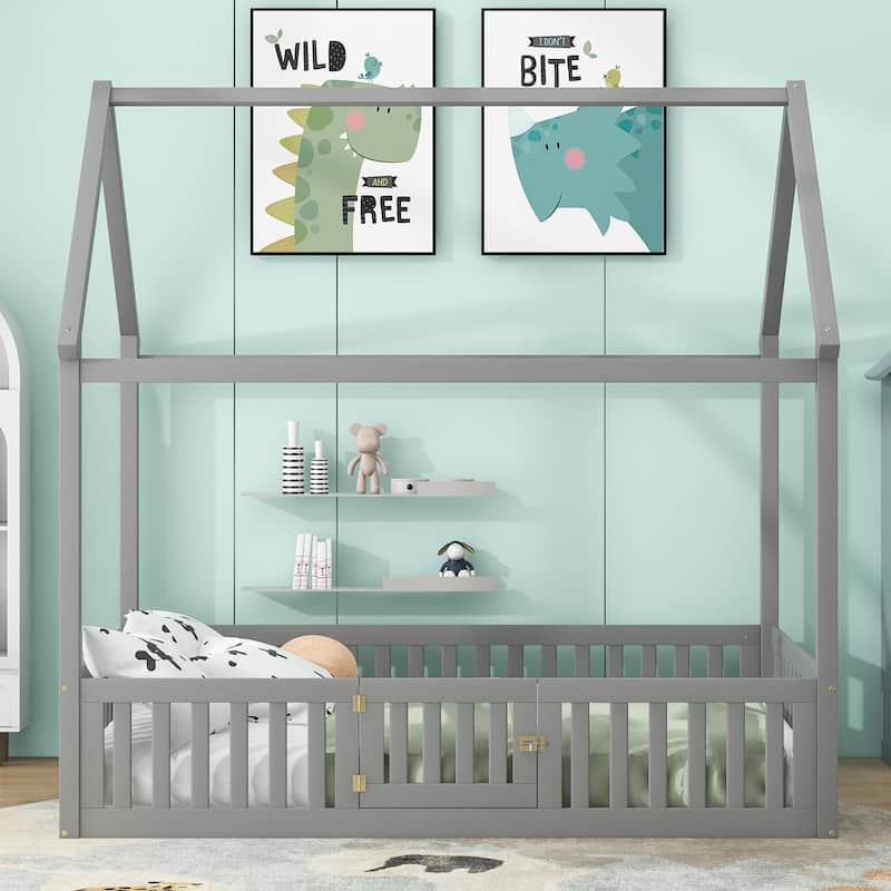 Full Size Wood House Bed with Fence and Door