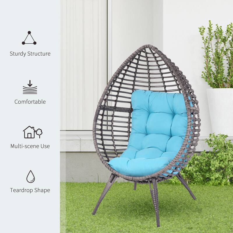 Outsunny Patio Wicker Egg Chair w/ Soft Cushion, Teardrop Cuddle Seat, Outdoor / Indoor Patio Chair