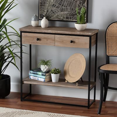 Silas Modern Industrial Natural Brown Finished Wood and Black Metal 2-Drawer Console Table