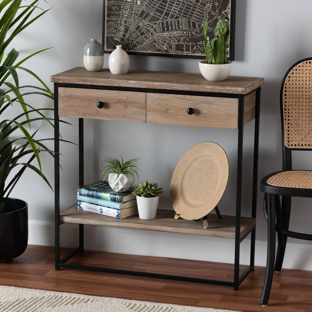 Silas Modern Industrial Natural Brown Finished Wood and Black Metal 2-Drawer Console Table