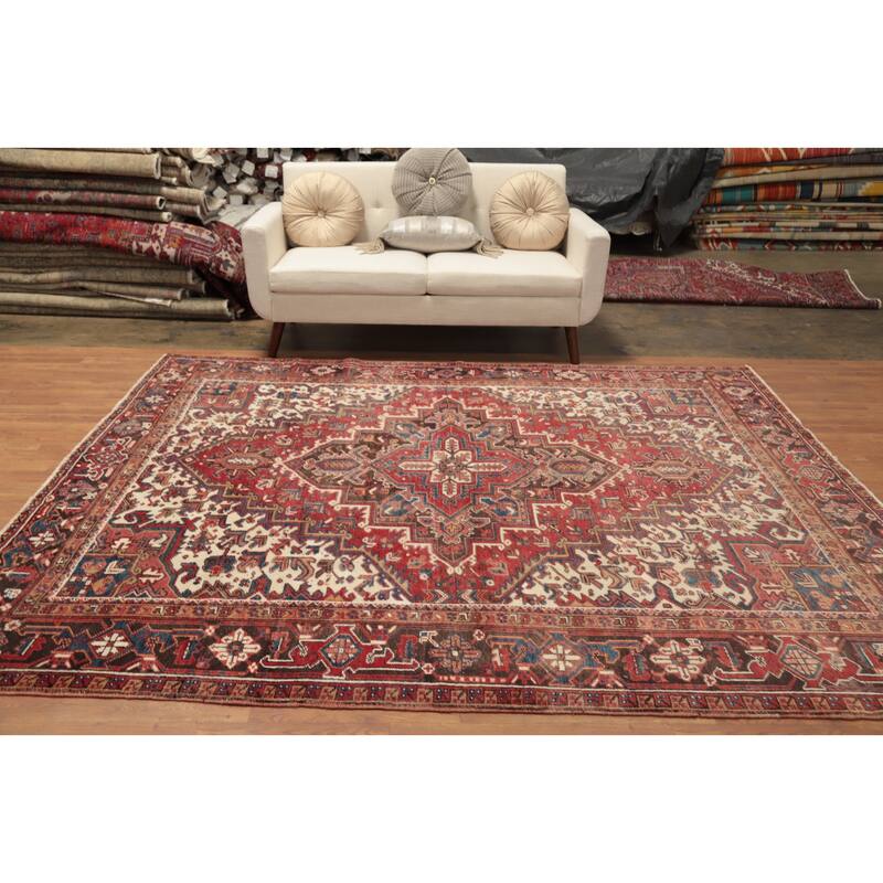 Hand Knotted Oriental 100% Wool Carpet Traditional Medallion Red Heriz Area Rug - 8' 11'' X 7' 7''
