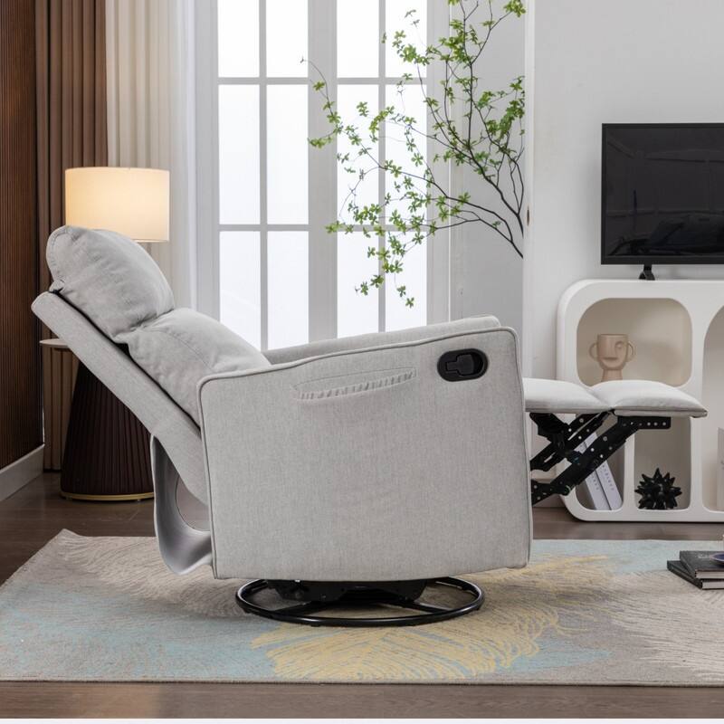 Cotton Linen Fabric Swivel Rocking Chair With Adjustment Backrest Footrest and Samll Pocket