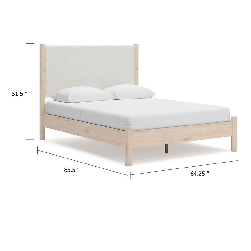 Mooran Queen Size Bed, White Polyester Upholstery, Light Brown Wood