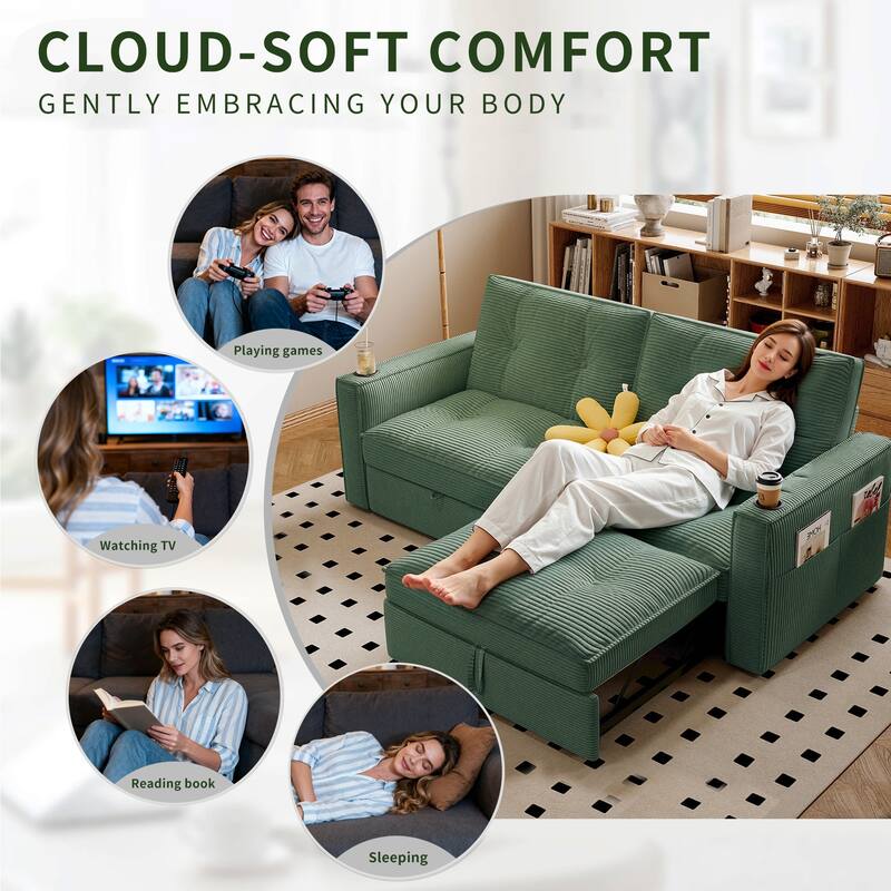 Multi-Functional Corduroy Loveseat Couch Convertible Sleeper Sofa Bed with Cup Holders and Side Pockets for Sitting, Sleeping