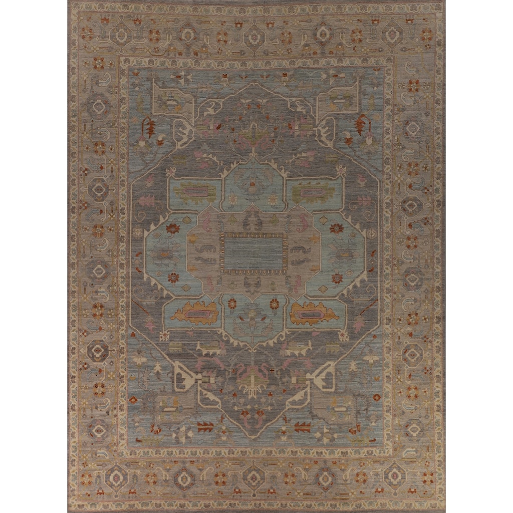 Geometric Gray Oushak Turkish Large Area Rug Hand-Knotted Wool Carpet - 12'1"x 14'6"