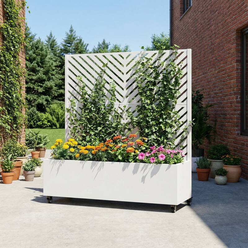 Raised Garden Bed Planter with Trellis Movable Planter Box with Lockable Wheels - 47*47 - White