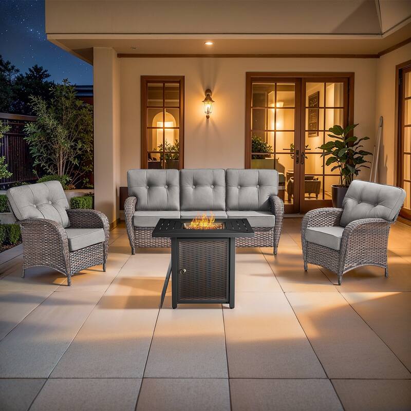 Pocassy Outdoor 30 In Fire Table with Sofa Patio Chair Set - Brown Wicker Gray Cushion - 6-Piece Sofa Patio Chair with Fire Pit Table