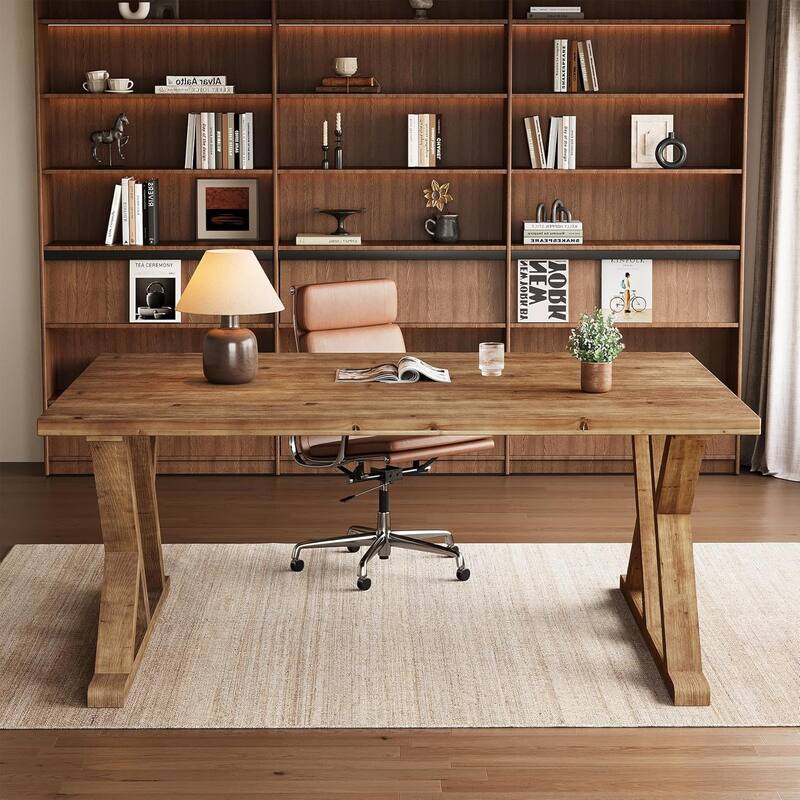 63-Inch Solid Wood Farmhouse Executive Desk, Large Office Desk for Home Office