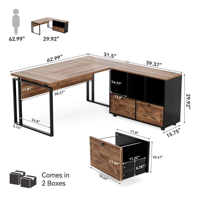 63-Inch L-Shaped Office Desk with File Cabinet