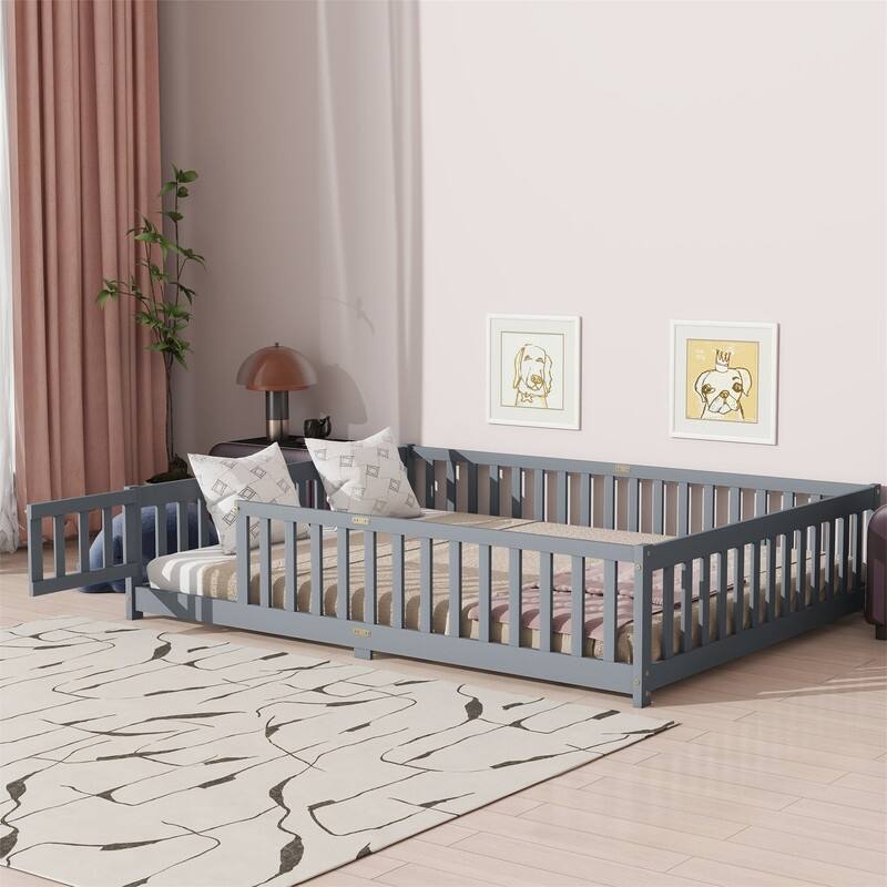 Twin/Full/Queen Size Floor Bed with Fence Guardrails and Door, Rubber Wood Toddler Bed Montessori Bed with Slats Support - Grey - Queen