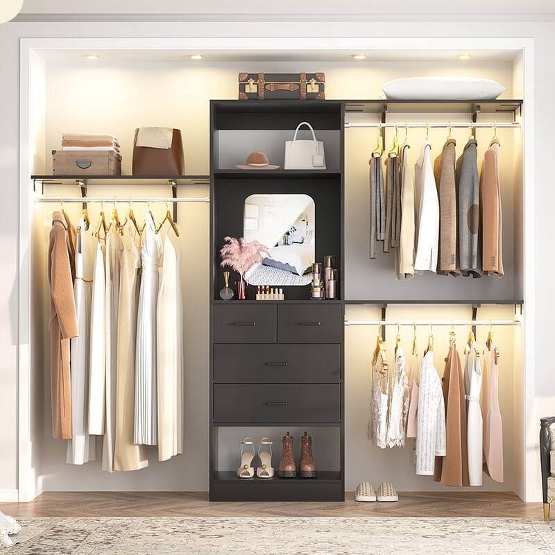 25'' - 96" W Closet System with 4 Wooden Drawers and Mirror, Walk-in Closet Organizer Kits with 3 Extendable Hanging Rods - With Wing Shelves - Black