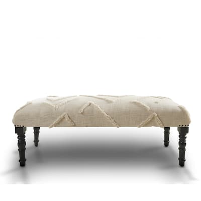 Black Wood Cream Cotton Upholstered Bedroom Bench Geometric Pattern Nailhead Trim - 16” D x 47” W x 18” H