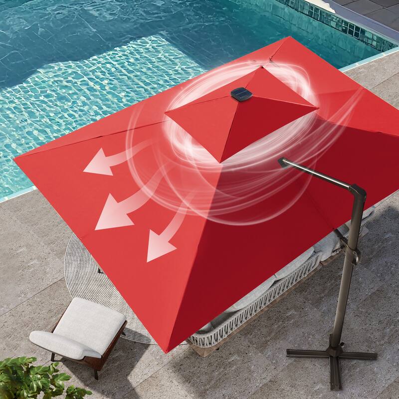 VredHom 9 x 11ft Outdoor Rectangular Dual Top Cantilever Patio Umbrella LED Light with Wheel Base
