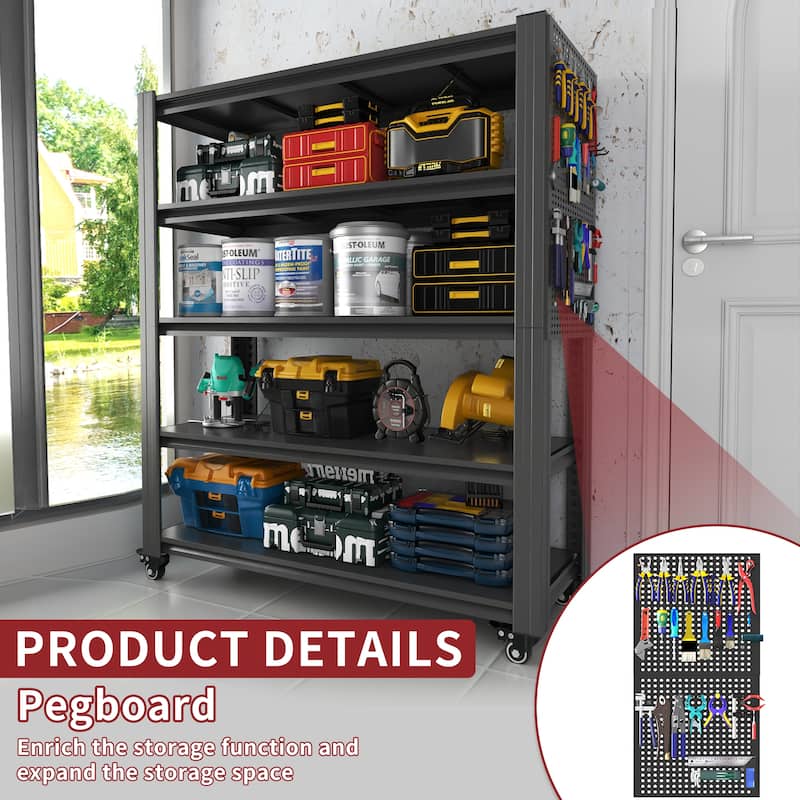 72"H 5 Tier Adjustable Shelving with Pegboard and Wheel, Heavy Duty Storage Shelves, Metal Shelving Unit Multipurpose Shelf