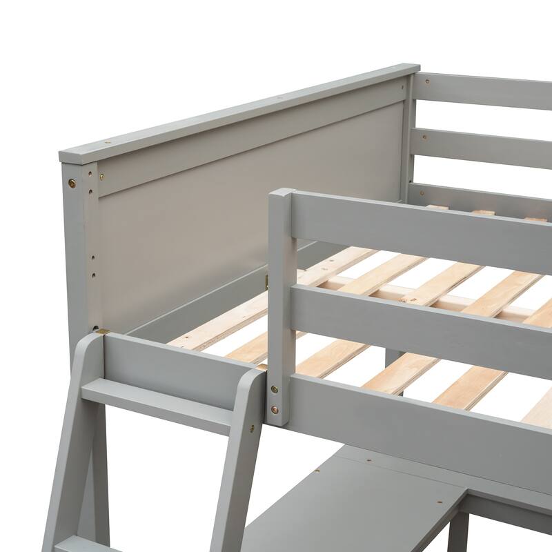 Full Pine Loft Bed with Desk, Shelves, and Guardrails