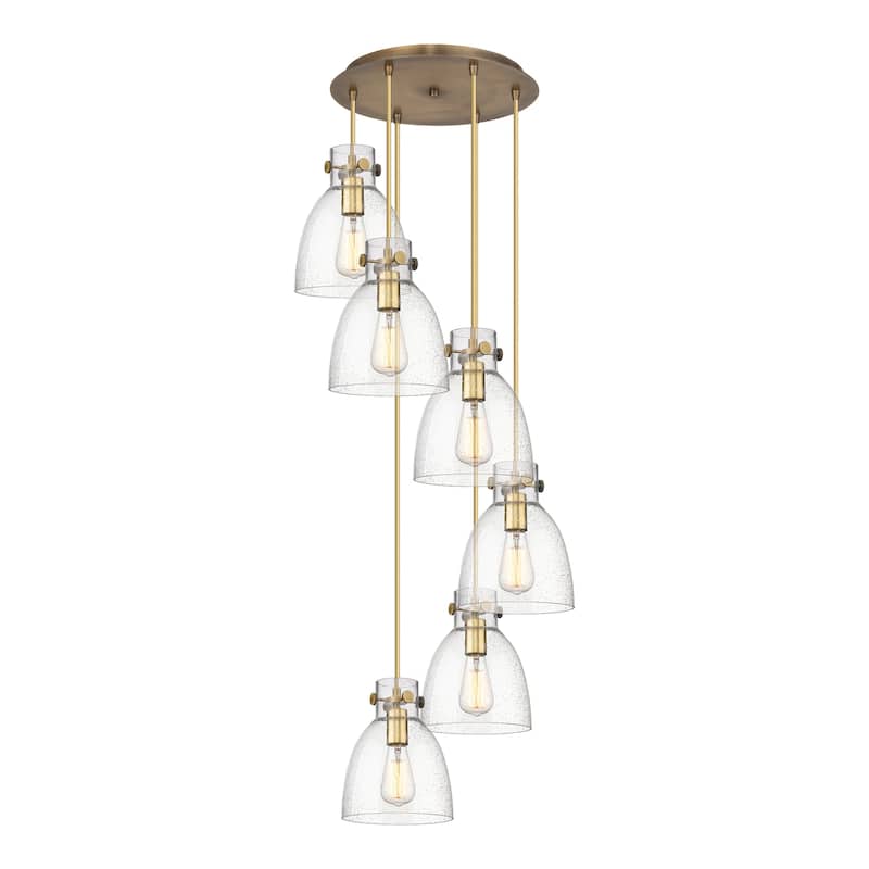 Innovations Lighting Newton Bell - 6 Light 8" Cord Hung Multi Pendant - 14" Canopy - Brushed Brass/Seedy