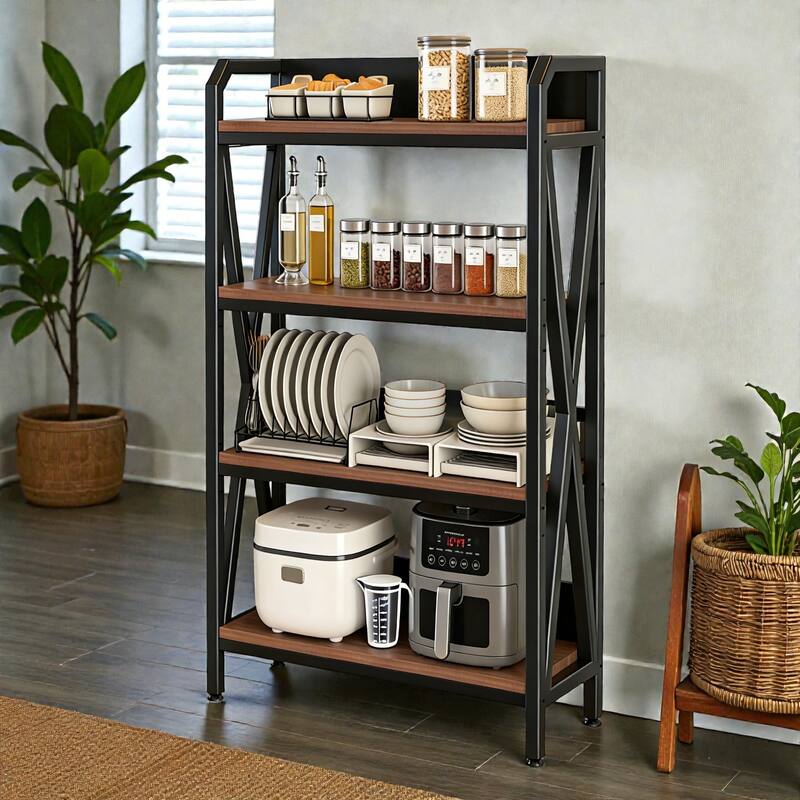 56.3 Inch Bakers Rack with 4 Tier Storage Shelves, Metal and Wood Kitchen Organizer for Pantry, Garage and Bathroom