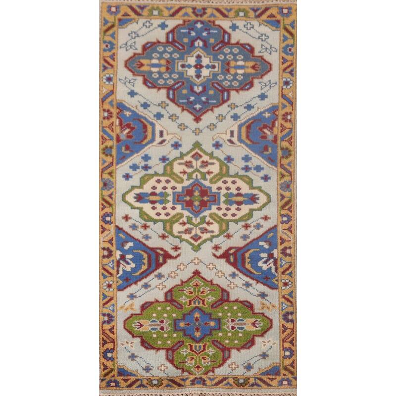 Geometric Kazak Accent Rug Handmade Oriental Blue Wool Carpet - 2'7"x 5'10"