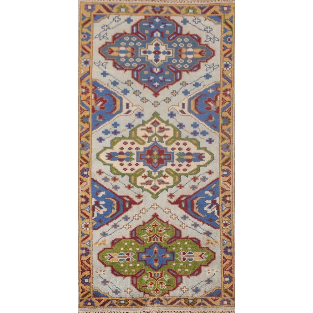 Geometric Kazak Accent Rug Handmade Oriental Blue Wool Carpet - 2'7"x 5'10"