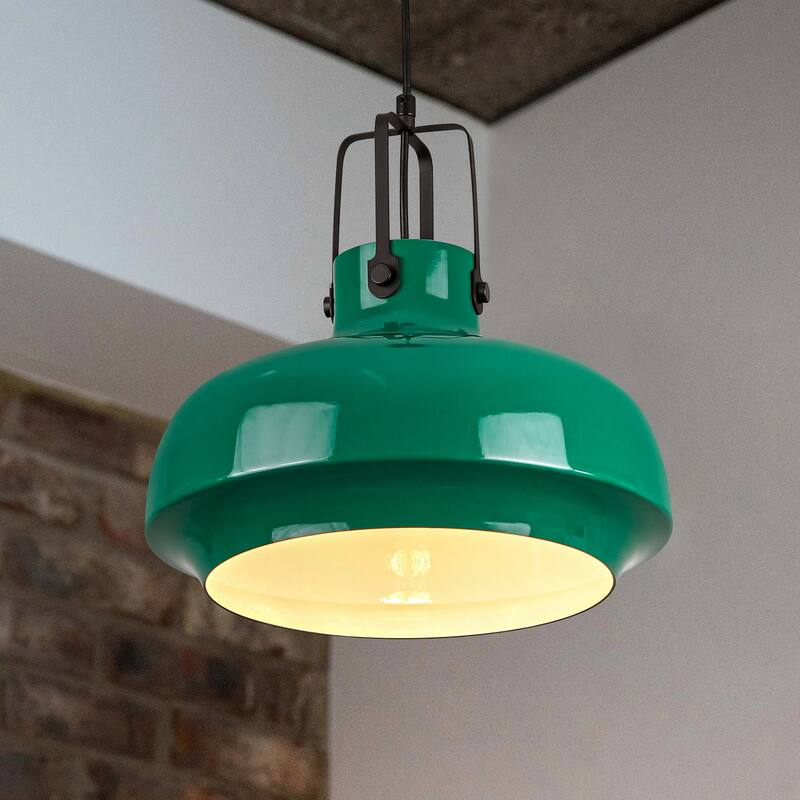 1-Light Farmhouse Industrial Green Dome Adjustable Pendant Hanging Light with Matte Black Hardware for Kitchen Island