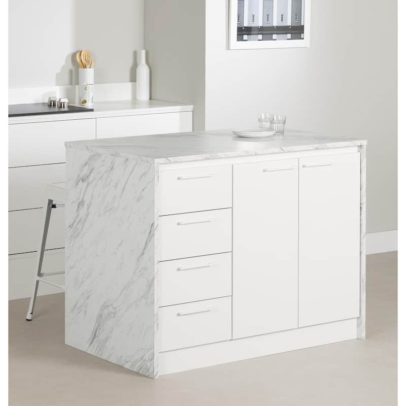 South Shore Myro Kitchen Island - White Marble and White