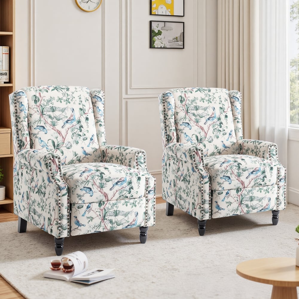 Floral Linen Manual Recliner Chair with Footrest set of 2