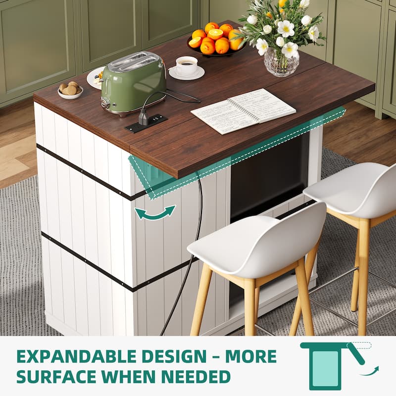 Moasis Kitchen Island with Mini Fridge Space and Drop Leaf & Power Outlet