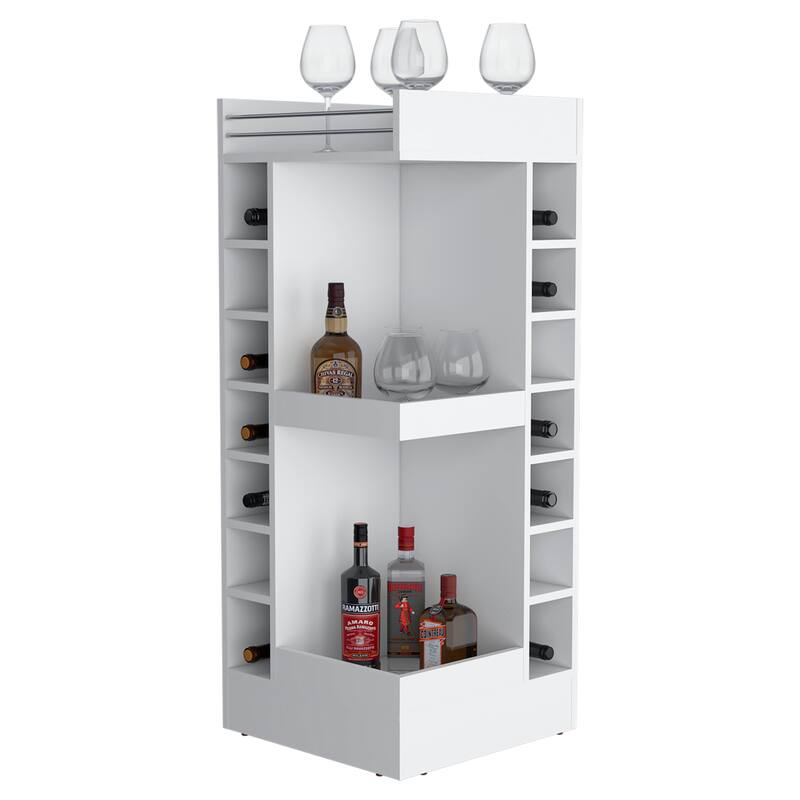 FM FURNITURE Lamer Corner Bar Cabinet with Wine Rack and Open Shelf, White
