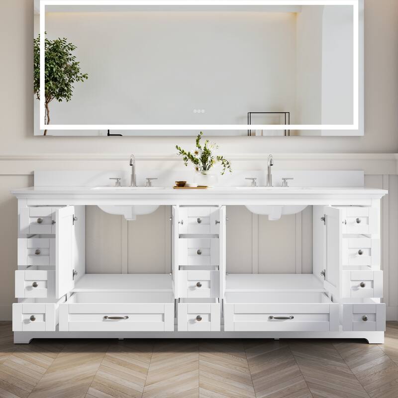 84''W Solid Wood Frame Bathroom Vanity With Pure White Culutered Marble Countertop And Double Sink