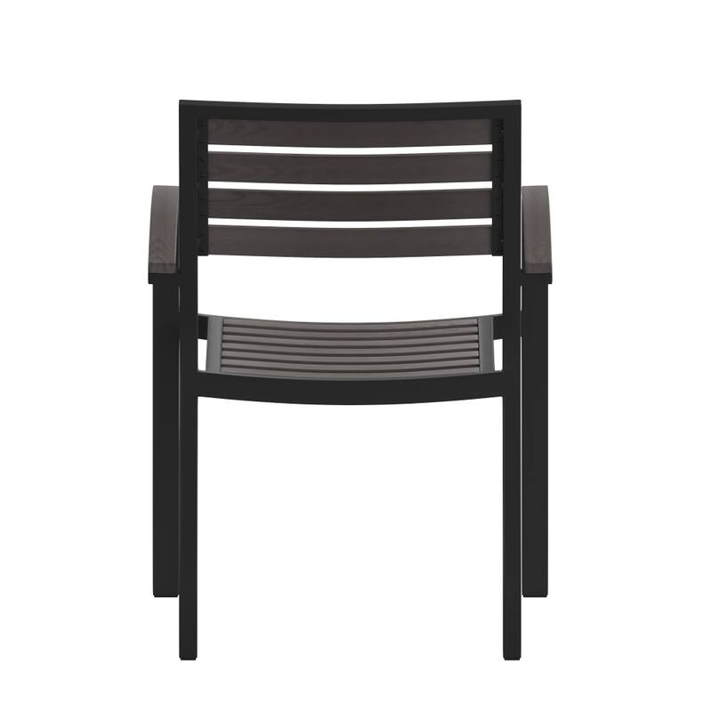 Set of 2 Stackable All-Weather Aluminum Patio Chairs with Faux Teak Slats