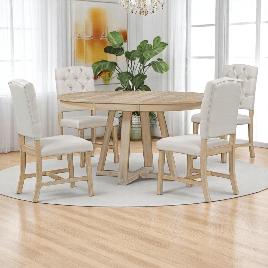 5-Piece Dining Table Set with 4 Upholstered Chairs, 16" Leaf Dining Table, Solid Wood & MDF, for Small Spaces and Dining Rooms