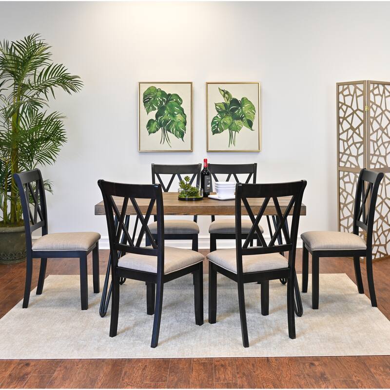 Hairpin Dining Table Set Tea Table and Chair Set Casual Dining Table Set with 6 Cross-Back Chairs and Solid Rubberwood Frames