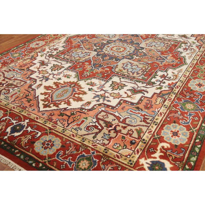 Hand Knotted Oriental 100% Wool Carpet Traditional Medallion Beige & Ivories Heriz (serapi) Area Rug - 11' 9'' X 8' 6''