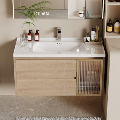 35.8" Single Bathroom Vanity with Sink, Glossy Stone Table top, Not Assembled need - 36"