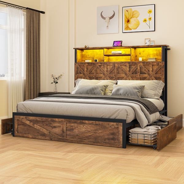 Moasis King Rustic Brown Bed Frame with 51.4 High Bookcase Storage Headboard LED Metal Bed Frame