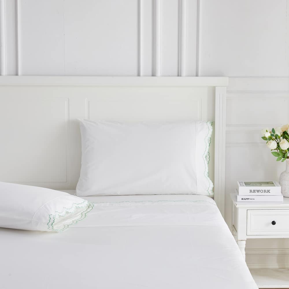 Percale Cotton Double Scalloped Embroidered Crisp Sheet Set