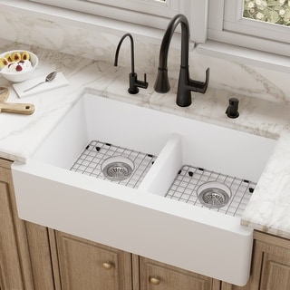 Karran Farmhouse Apron Front Quartz Double Bowl Kitchen Sink Kit
