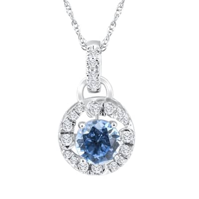 1 1/6Ct Aquamarine & Diamond Round Halo Pendant White Gold Women's Necklace