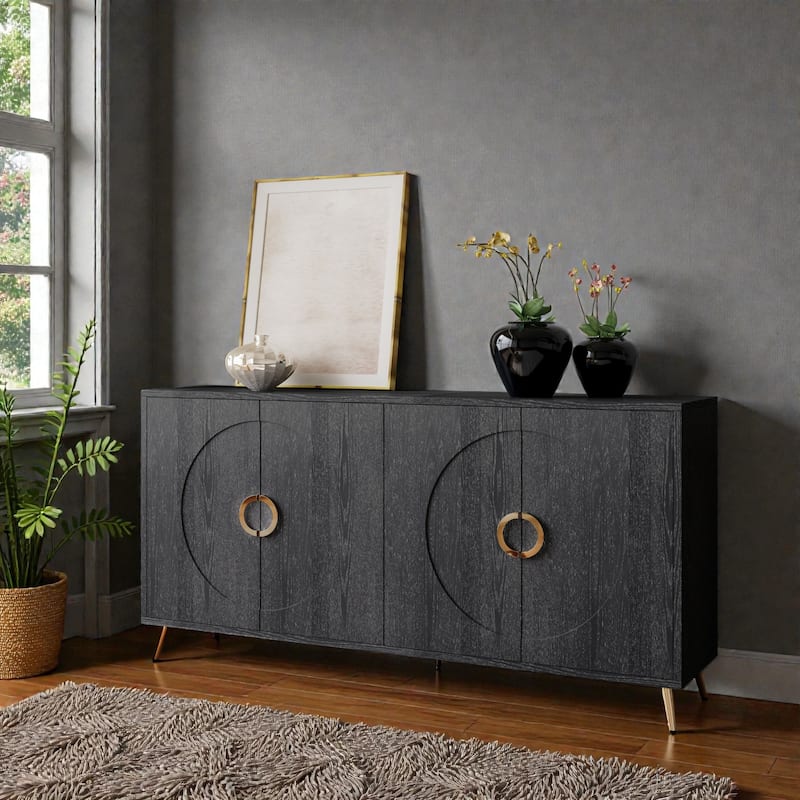 Modern Lacquered Sideboard Buffet Cabinet with 4 Doors, Distressed Wood Storage Cabinet with Adjustable Shelves