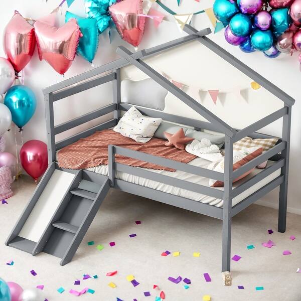 slide 2 of 16, Twin Size Low Loft Bed with Slide and Ladder and Safety Guardrails for home Grey