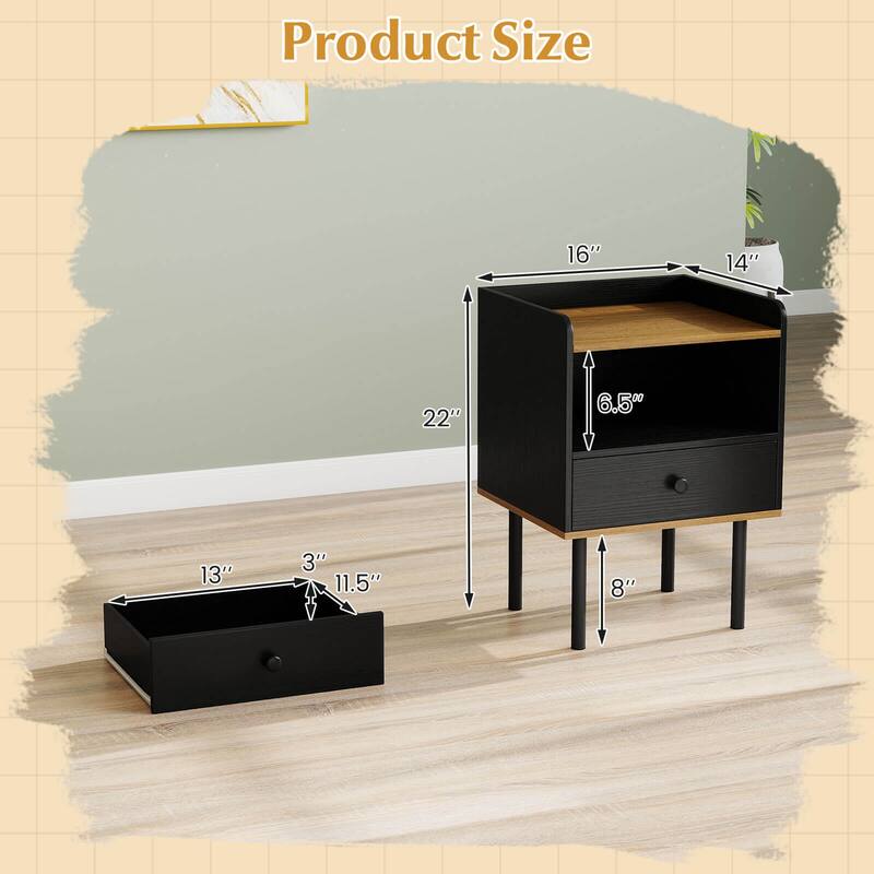 Costway Nightstand Bedside End Table with Drawer & Open Shelf for