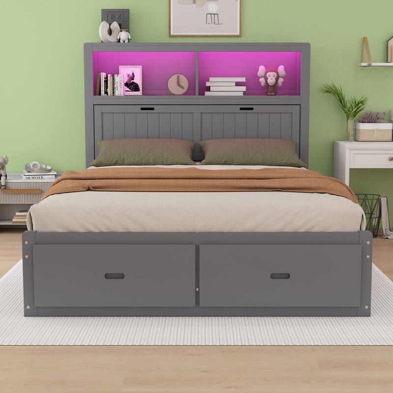 Wooden hydraulic platform bed - Grey - Queen